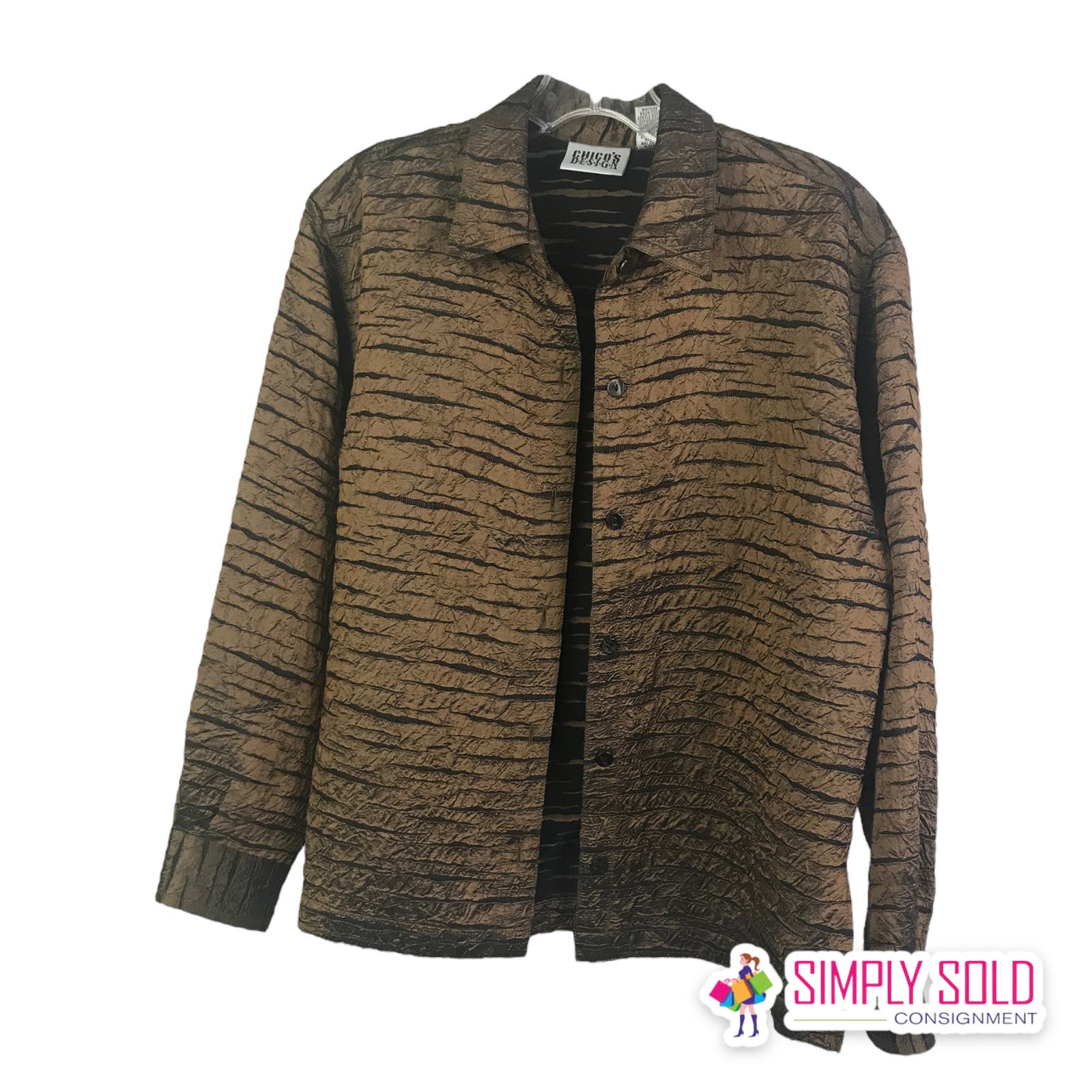 Chicos Design Bronze Black Crinkle Tiger Stripe Button Down Jacket Womens Size 0